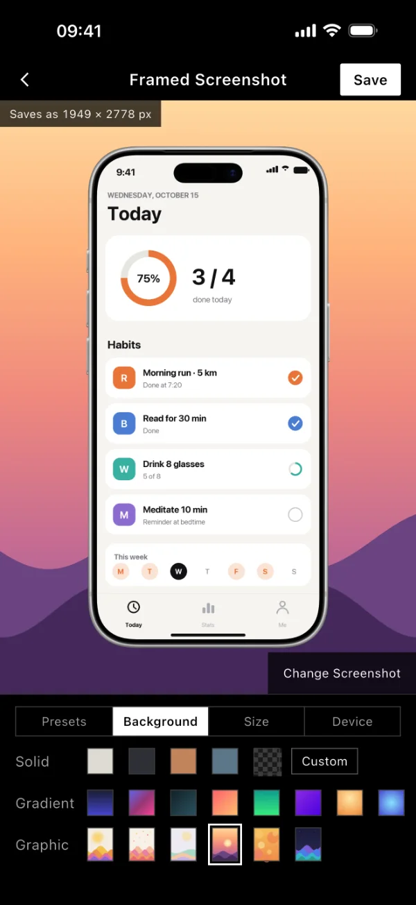 A framed screenshot, with gradient backgrounds to choose from