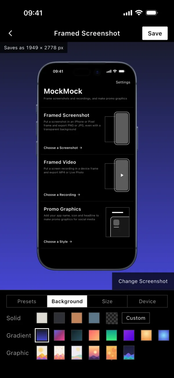 The app home screen, framed in a deep blue iPhone