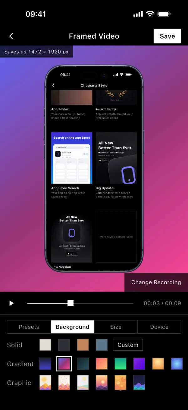 A framed video on a pink gradient, with its playback timeline