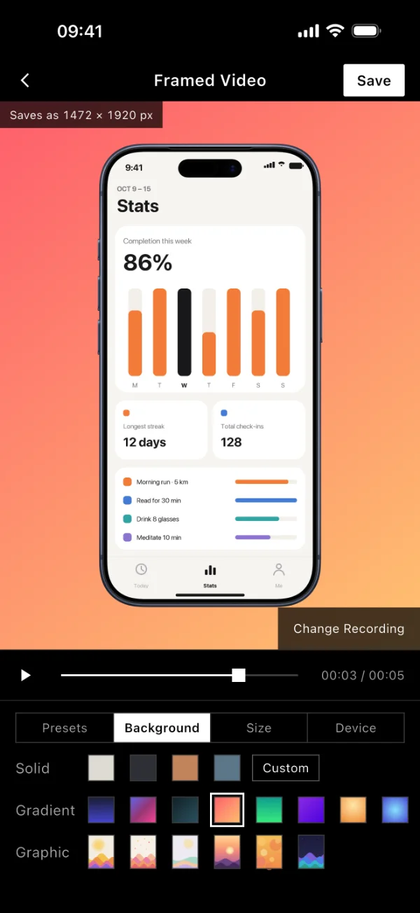 A framed video playing a stats screen recording