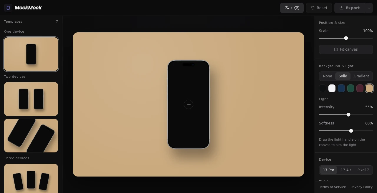MockMock editor with an iPhone mockup on the canvas, templates on the left, and lighting controls on the right
