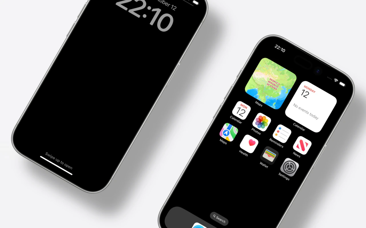 MockMock export: two angled silver iPhone mockups cropped to the canvas edge on a white background